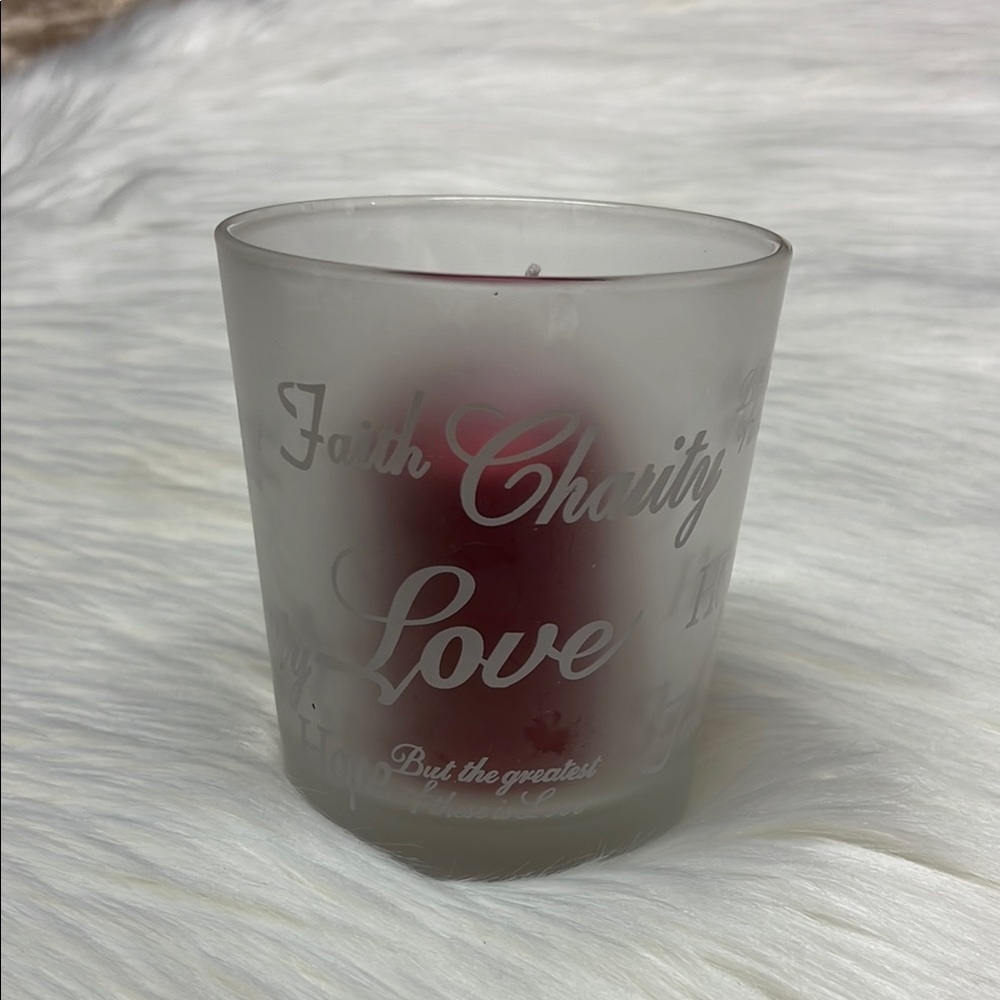 Frosted Glass Candle Holder with Red Candle. Faith Charity Love Hope